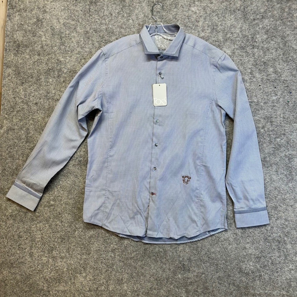 Toss Button Up Shirt Men Large Blue Brown Slim Fit Micro Dot‎ Long Sleeve NWT